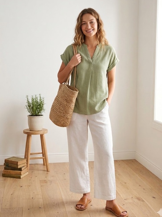 Rachel Tops - Rachel Roy Sage Green Short Sleeve Split-Neck Tunic Natural Vibe US S